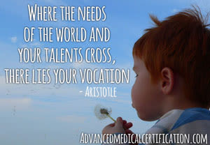 Young child blowing a dandelion with a quote by Aristotle about vocation: