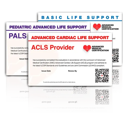Three Advanced Medical Certification cards for Basic Life Support, Pediatric Advanced Life Support, and Advanced Cardiac Life Support, each with QR codes and provider information.