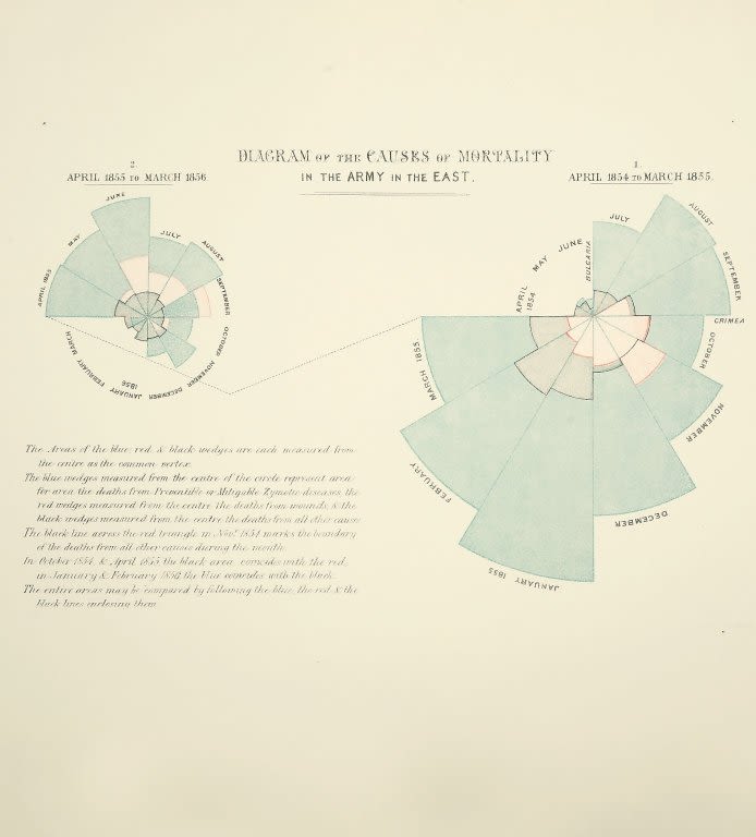 Polar area chart diagram by Florence Nightingale illustrating causes of mortality in the British Army during the Crimean War from April 1854 to March 1856.
