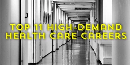 Hospital corridor with white walls and reflective floor, overlaid with bold yellow text reading