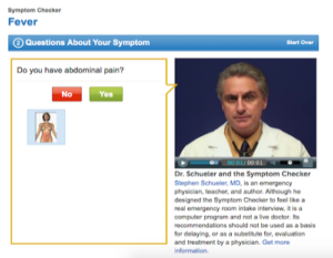 Online symptom checker asks if user has abdominal pain, with 