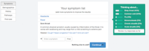 Online symptom checker interface showing a list of symptoms including headache, fever, and sore throat, with possible conditions such as strep throat and flu suggested on the right.