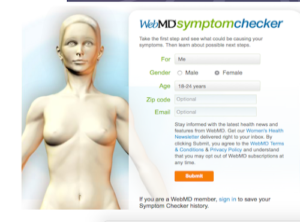WebMD Symptom Checker interface with a gender-neutral 3D human model and a form to enter gender, age, zip code, and email for personalized health information.
