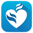 White heart with blue flame-like accents on a blue rounded square background.