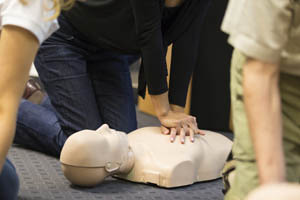 Person practicing chest compressions on a CPR training mannequin during a first aid class.